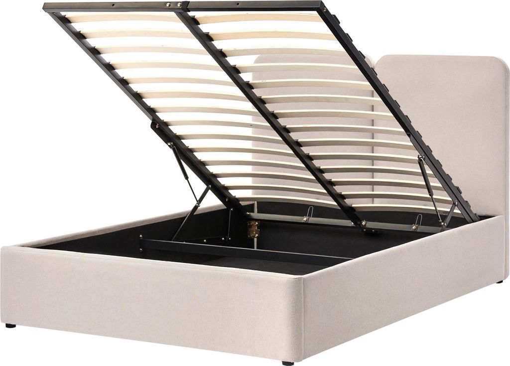 BELIANI Bett Beige Stoff mit Lattenrost 140 x 200 cm Hochklappbar Bettkasten Stauraum Hohes Kopfteil Modern Schlafzimmer Polsterbett