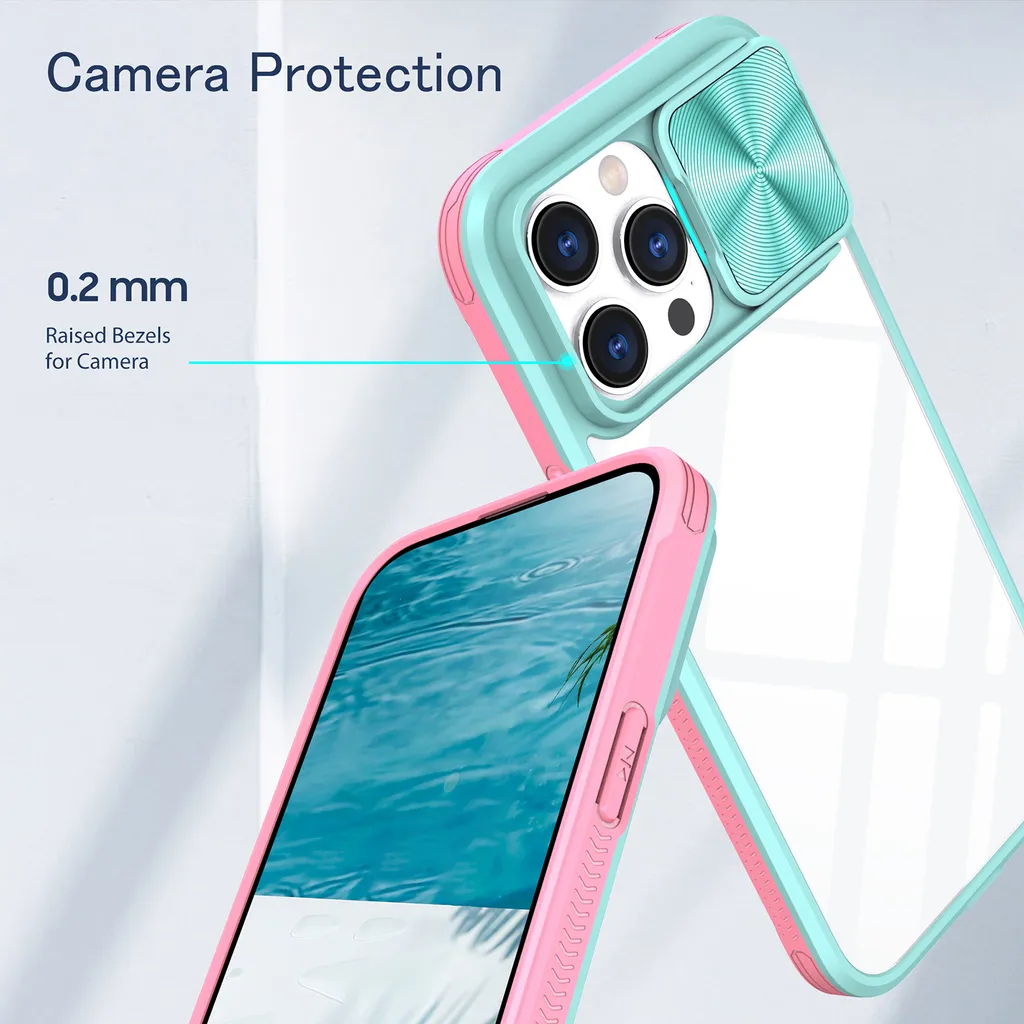 Custodia per iPhone 15 Pro Max Custodia ibrida trasparente in TPU con copertura scorrevole della fotocamera Azzurro - 6