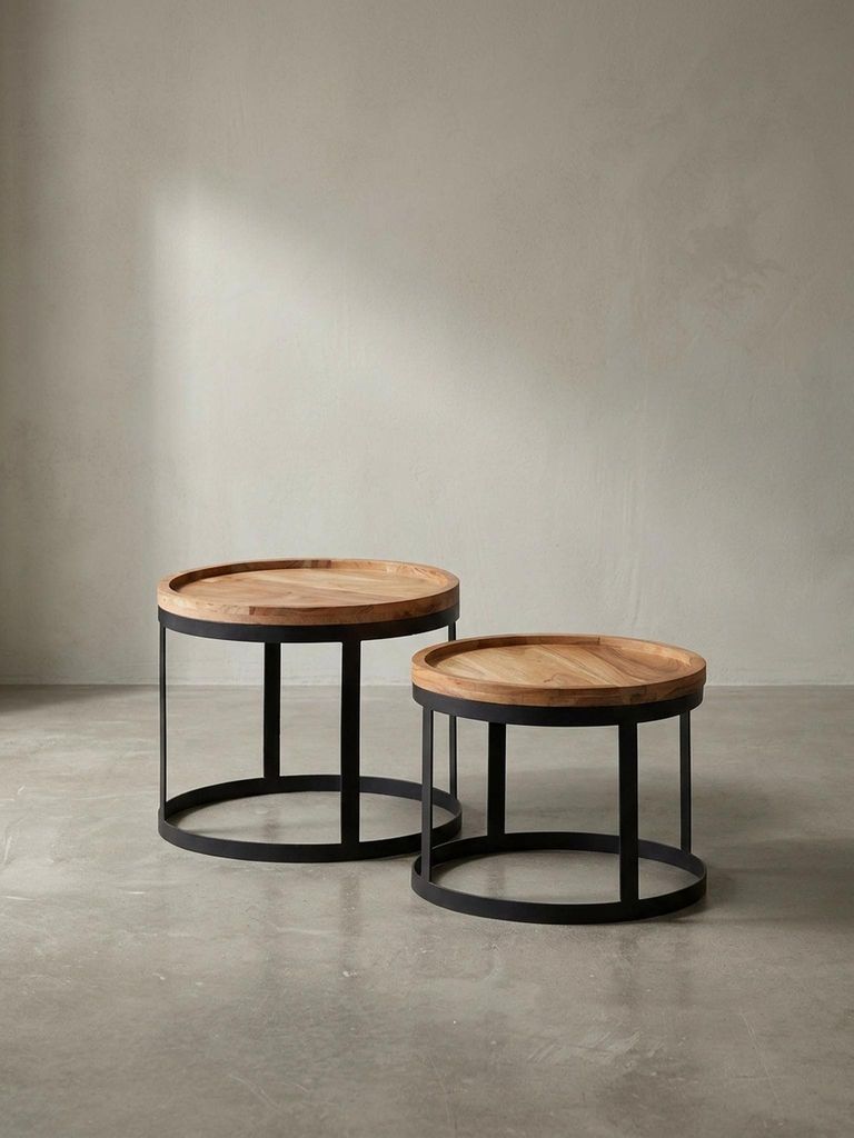 Beistelltisch-Set "Indi": 2er Set, runde Tischplatten, Metallgestell, Massivholz, naturbelassen. Beige, 53x53x45 cm | Kadima Design
