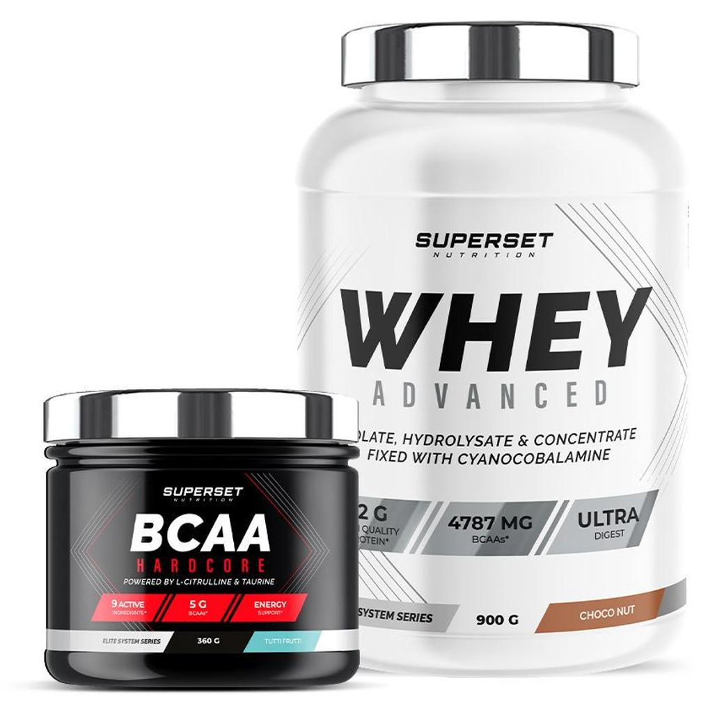 Programm Muskuläre Kontur - 100% Whey Protein Advanced 900g Choco Nut - BCAA Hardcore Tutti Frutti