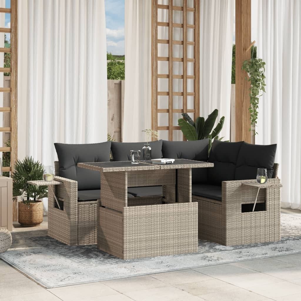 Industrie-Stil 5-tlg. Garten-Sofagarnitur Sofa Set mit Kissen Hellgrau Poly Rattan Terrassenmöbel2024 cloris