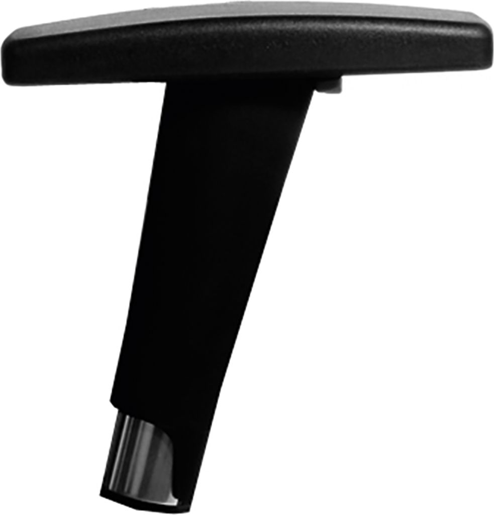 A black armrest for a chair, with a silver metal cap on the bottom.