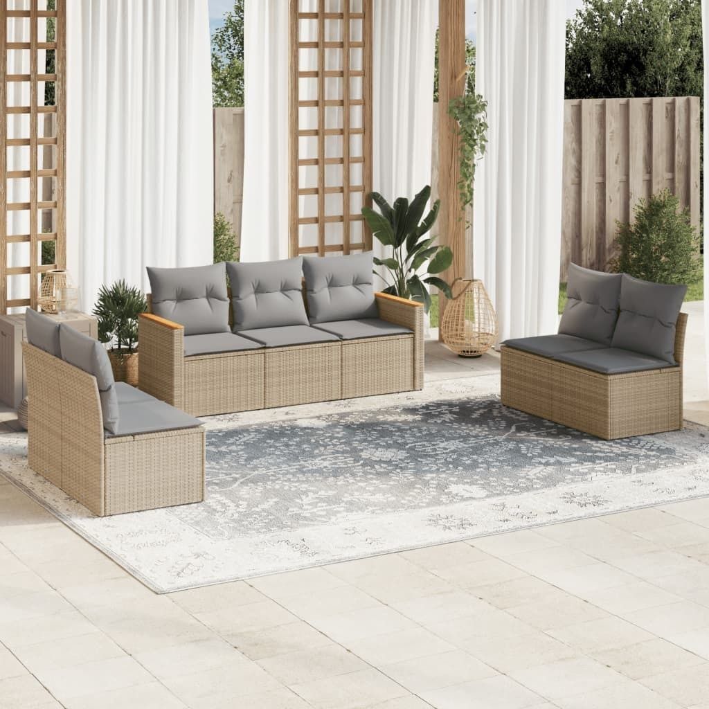 Möbel 7-tlg. Garten-Sofagarnitur mit Kissen Beige Poly Rattan 2024