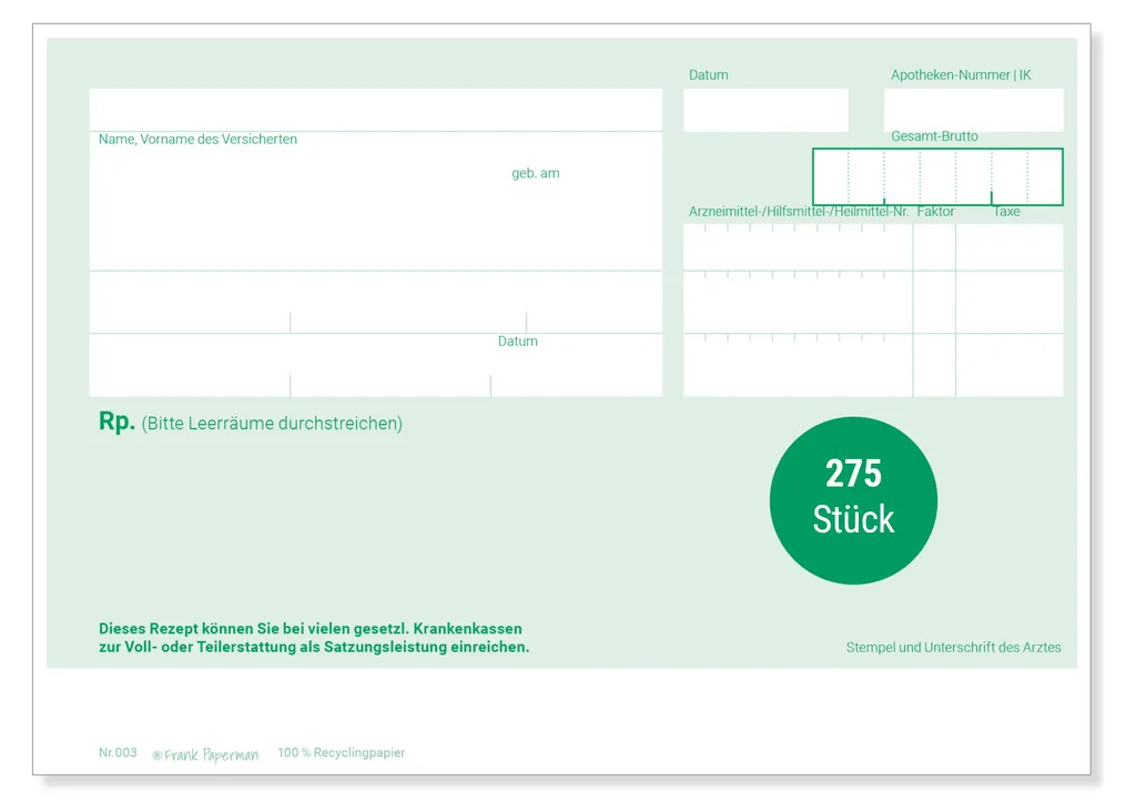 Frank Paperman® | blocchetto di ricette private verde | 275 fogli | blocchetto di ricette sbloccato | in formato DIN-A6 | accessori per medici | anche medico