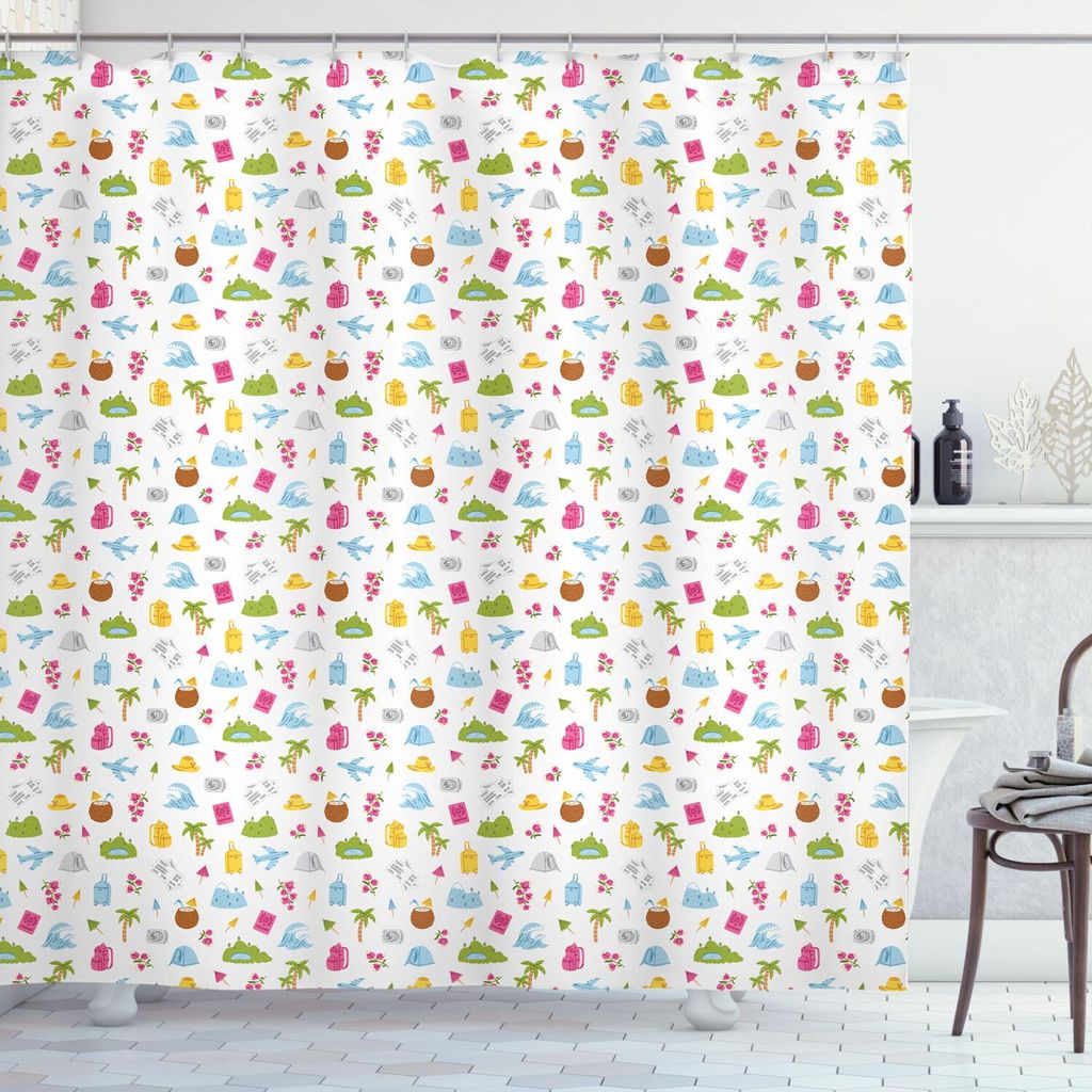 ABAKUHAUS Sommer Duschvorhang, Reise-Thema mit Camping-Zelt Berge Ozean-Wellen Coconut Cocktail Planes Doodle, 175 x 220 cm, Mehrfarbig
