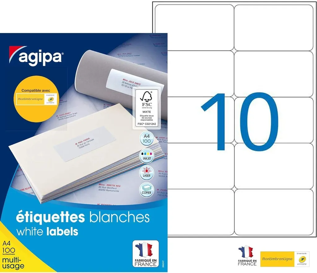 Étiquettes Blanches Multiusages 99,1 x 57 mm à Adhésif Permanent Agipa