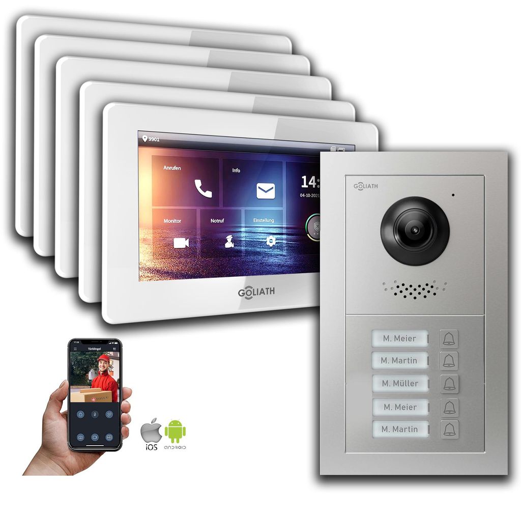 Goliath IP Video Türsprechanlage: 7-Zoll 5 Familienhaus, Smartphone App, Silber : 7 Zoll in Weiß : Unterputzdose Monitor Auswahl: 7 Zoll in Weiß...