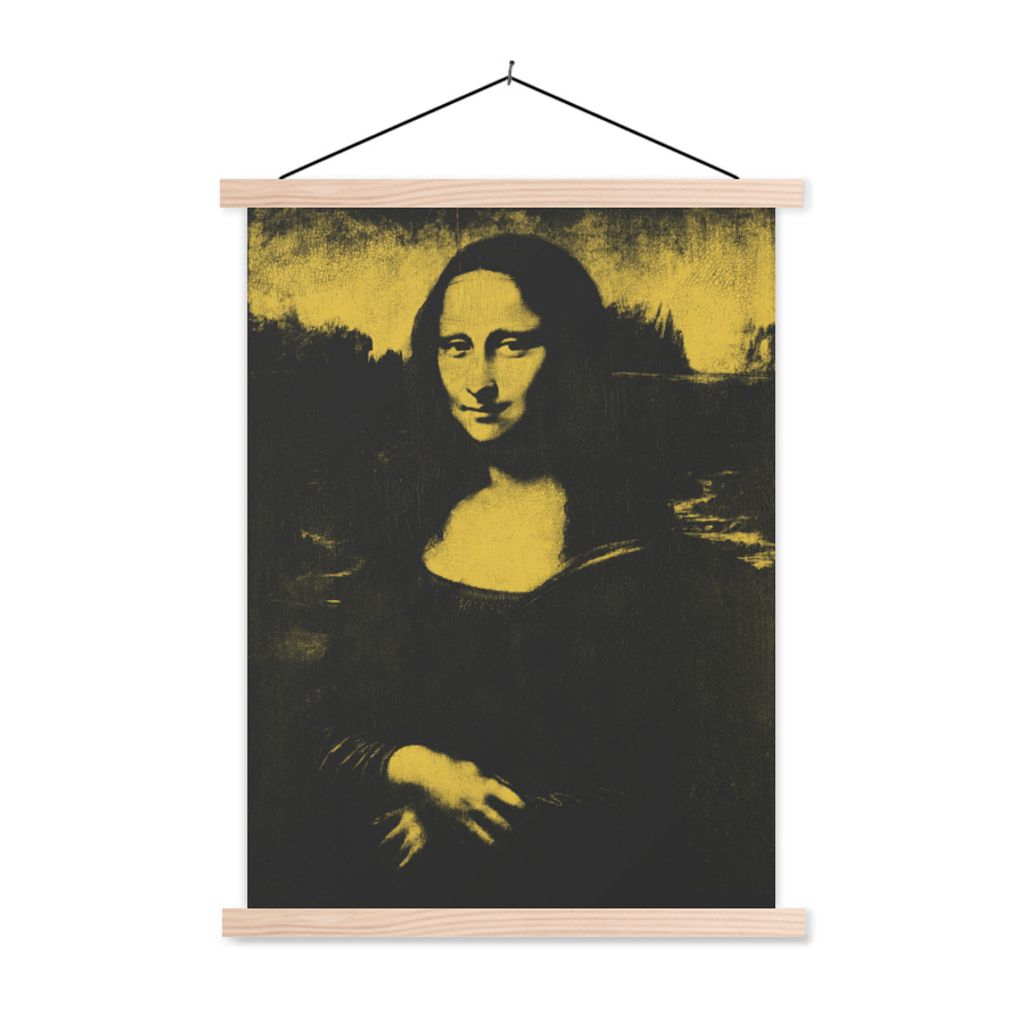 MuchoWow Textilposter Mona Lisa - Leonardo da Vinci - Schwarz - Gelb 60x80 cm mit holzfarbenen Rahmen - Wandbild