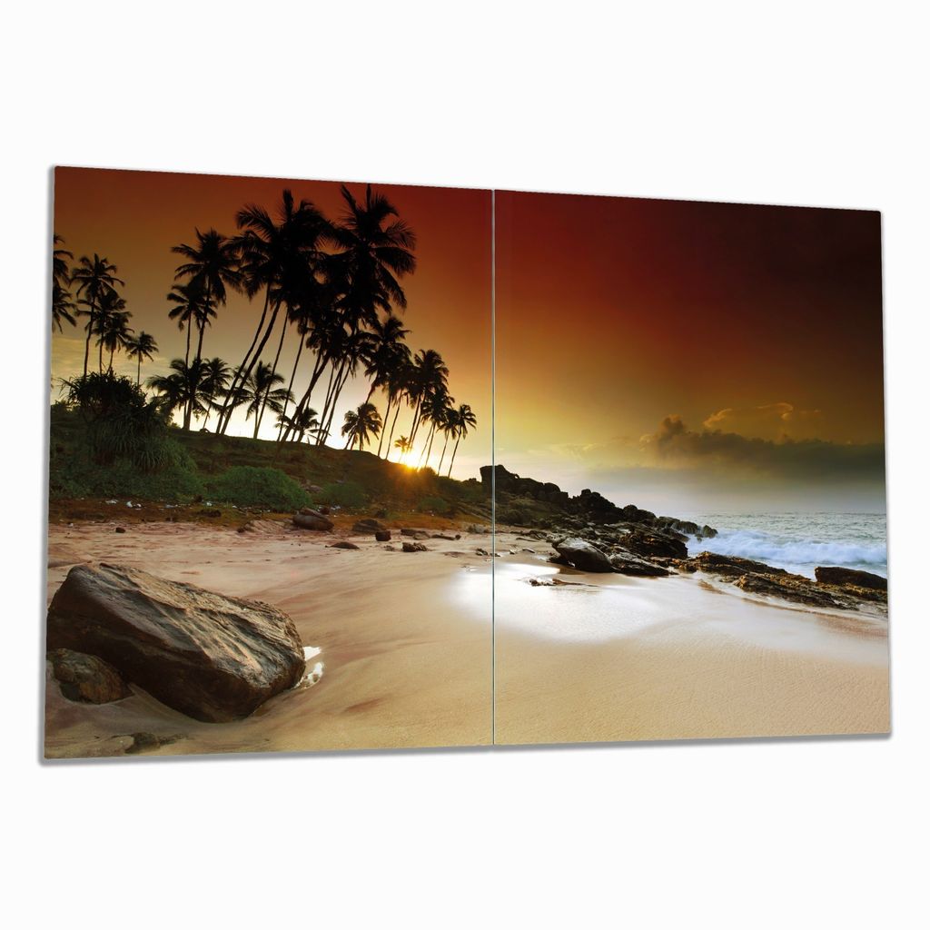 Wallario Herdabdeckplatte aus Glas, Größe 80 x 52 cm 2-teilig, Motiv Sri Lanka - Palmenstrand mit Sonnenuntergang