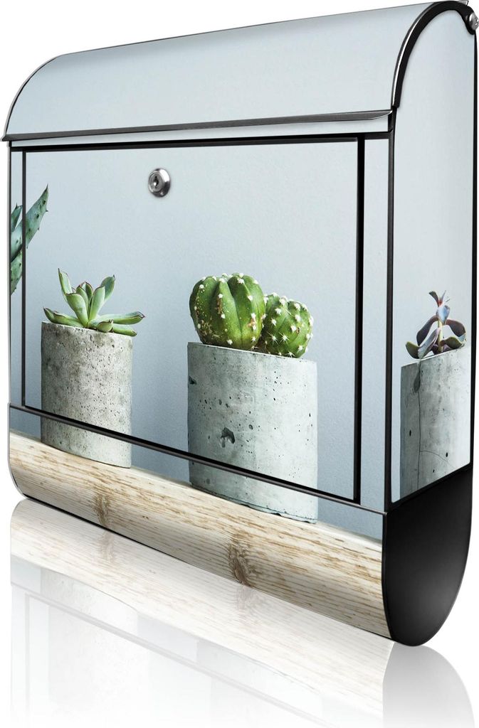 banjado Design Briefkasten Stahl schwarz mit Zeitungsfach pulverbeschichtet "Kakteen in Beton" 38x46x12,5cm & 2 Schlüssel - Postkasten A4 Einwurf ...