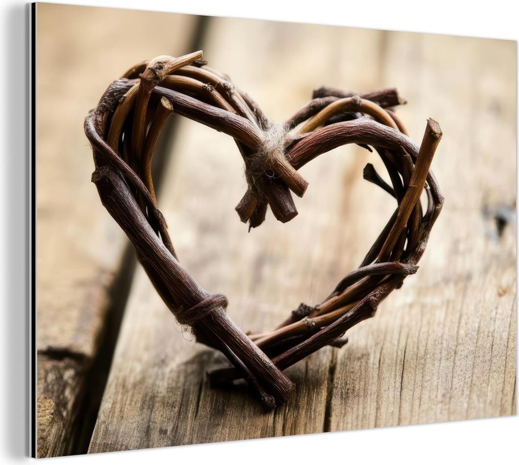 MuchoWow Wanddekoration Metall Metallbild Wandkunst 90x60 cm Herz - Holz - Natur - Äste - Braun MuchoWow Aluminium Gemälde - Wandbilder