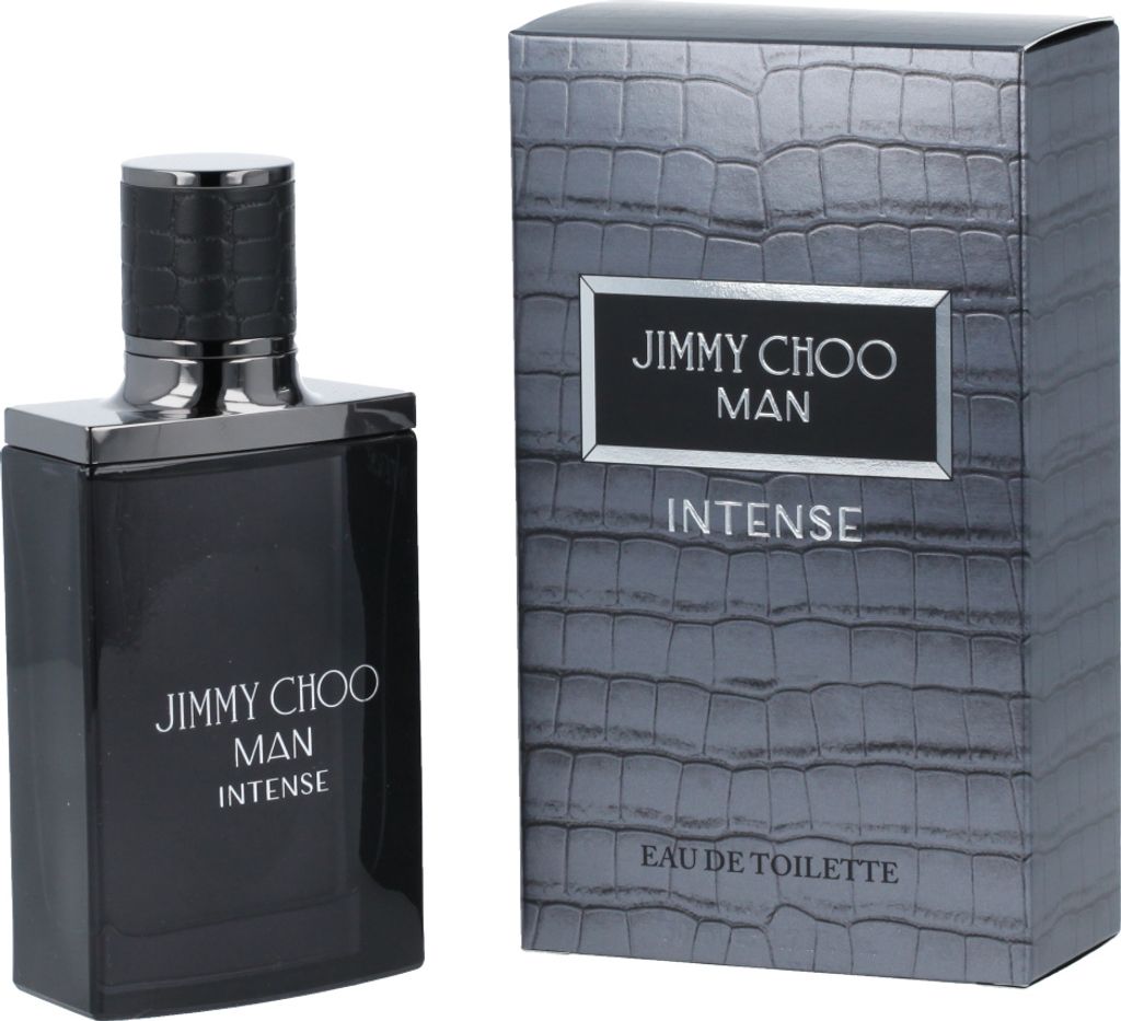 A bottle of Jimmy Choo Man Intense Eau de Toilette and its packaging are displayed against a white background.