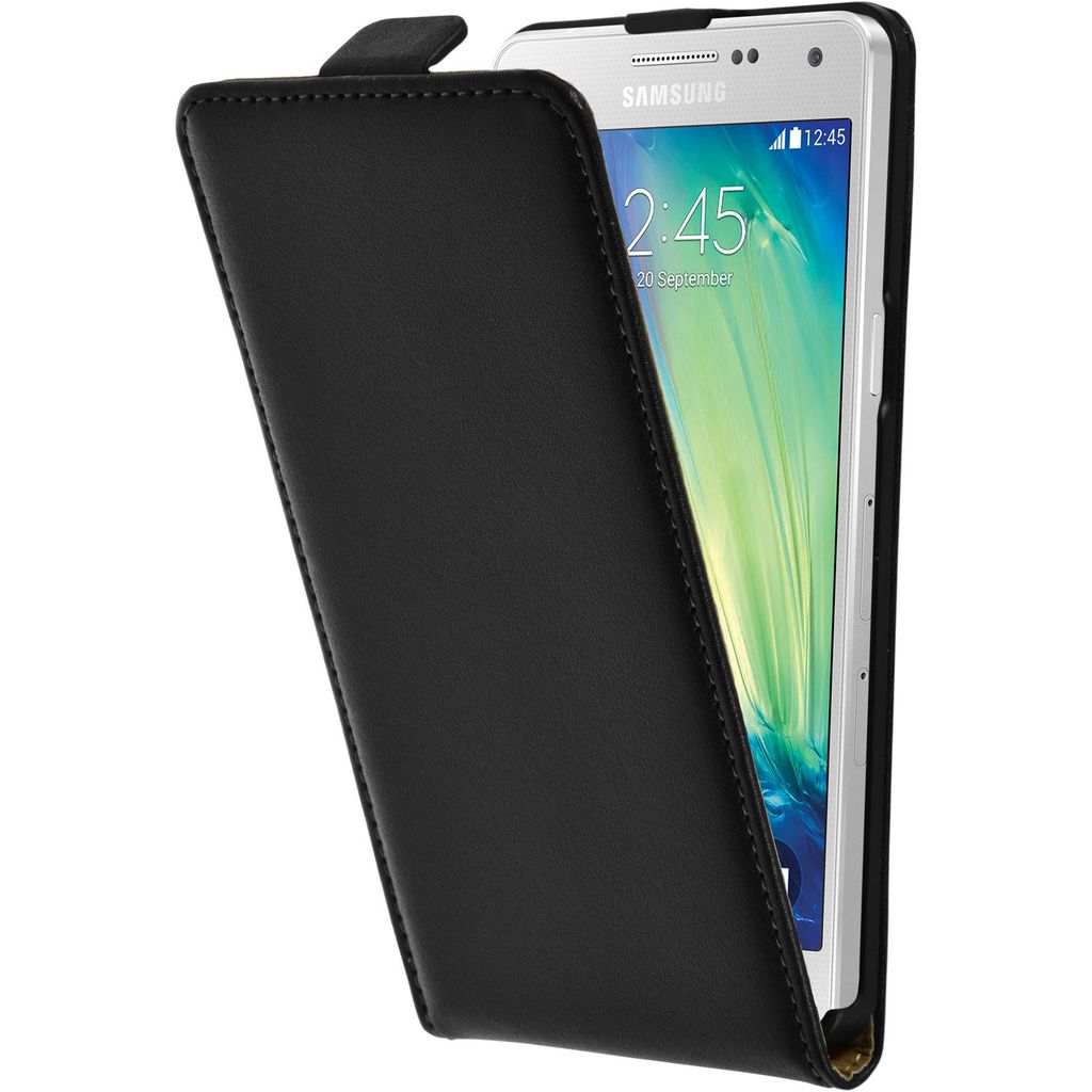 PhoneNatic Kunst-Lederhülle kompatibel mit Samsung Galaxy A5 (A500) - Flip-Case schwarz + 2 Schutzfolien
