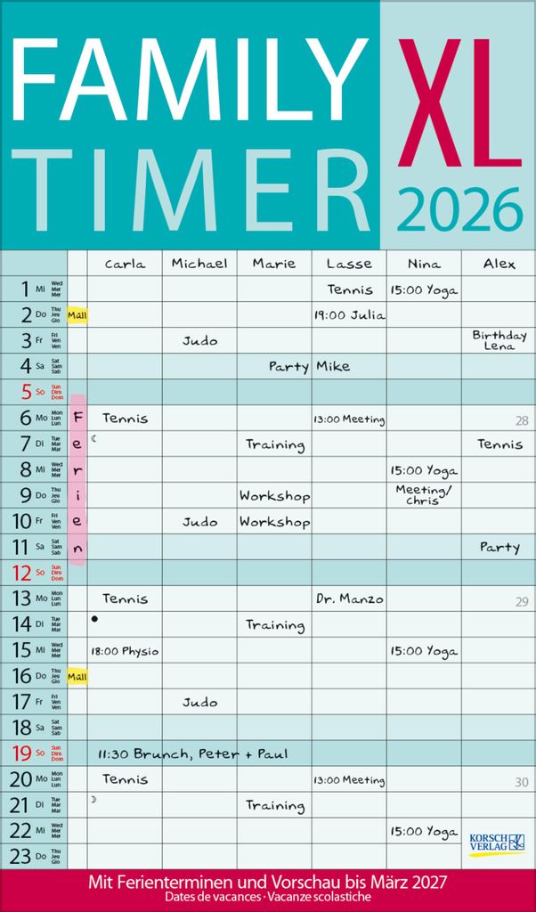 Wandkalender 2026 XL Family Timer Format: 27 x 46 cm Produktbild 