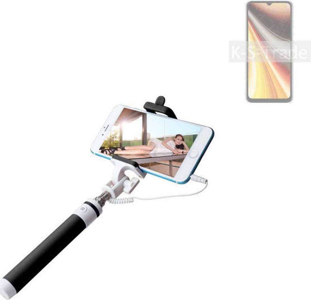 K-S-Trade Selfie Stick kompatibel mit UMIDIGI Power 7 Max Selfiestick kabelgebunden Monopod mit Kabel Stab Stange Selfportrait Handheldstick schwarz