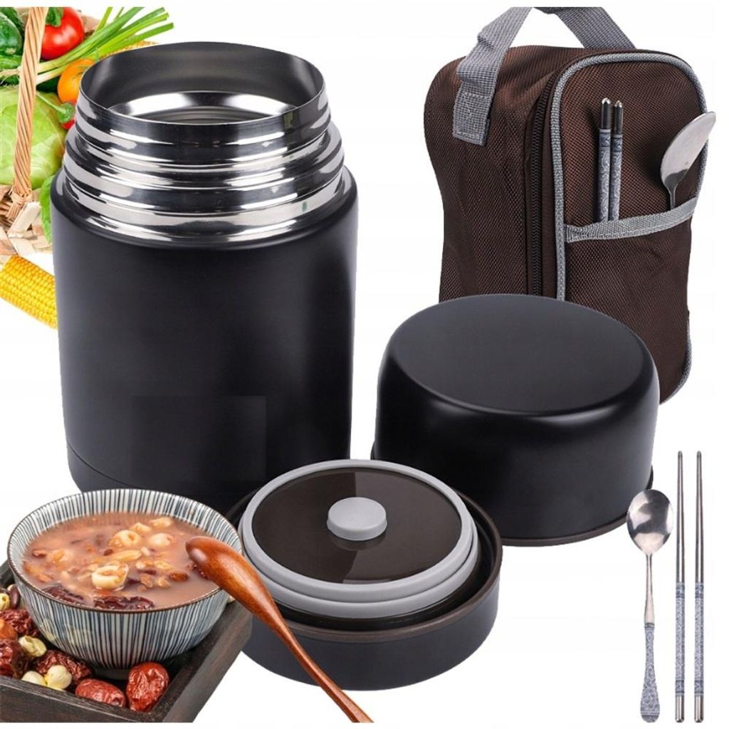 Thermobehälter aus Edelstahl 800ml Vakuumisolation hält 12h warm/kalt mit Löffel und Tragetasche auslaufsicher für Büro Schule Picknick und Zu...