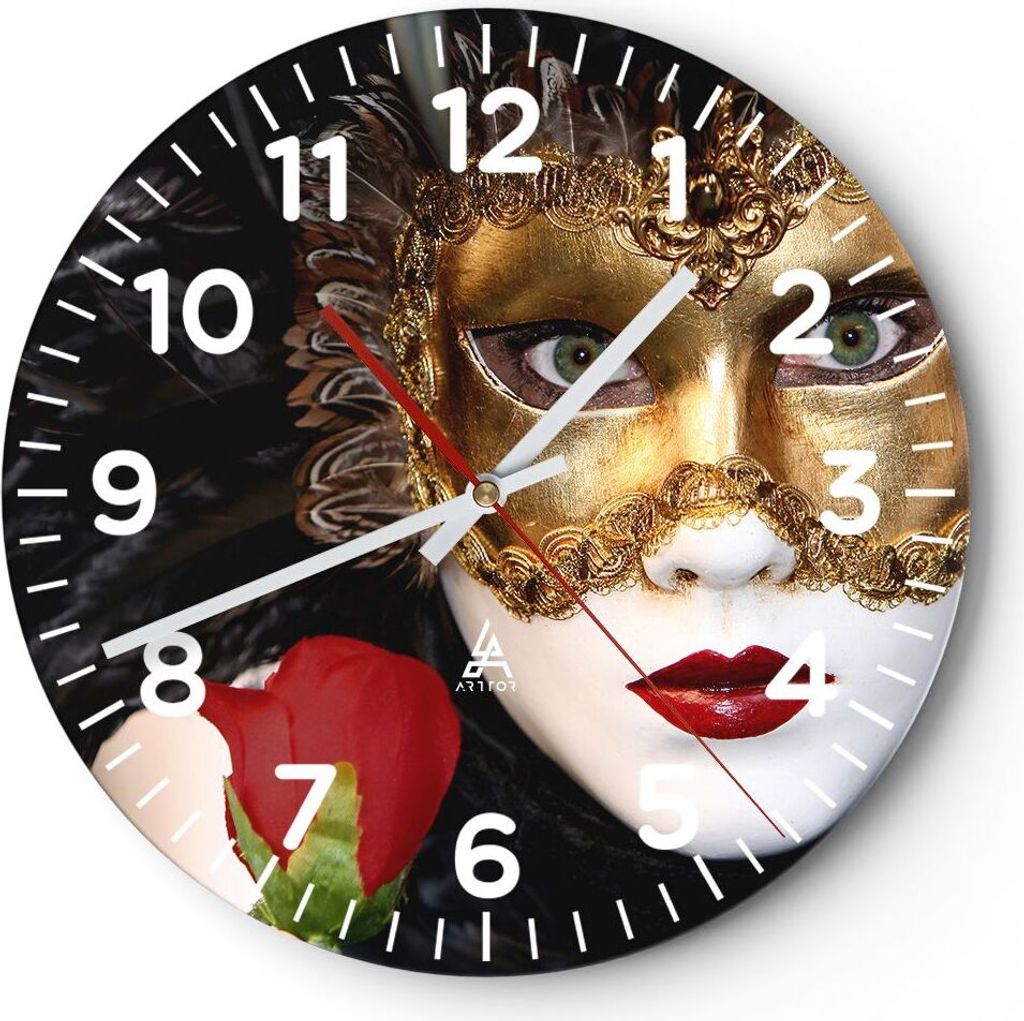 Wanduhr - Rund - Glasuhr - Karnevalsmaske Maskottchen grüne Lippen - 30x30cm - Schleichendes Uhrwerk - Lautlos - zum Aufhängen bereit - Dekoratio...