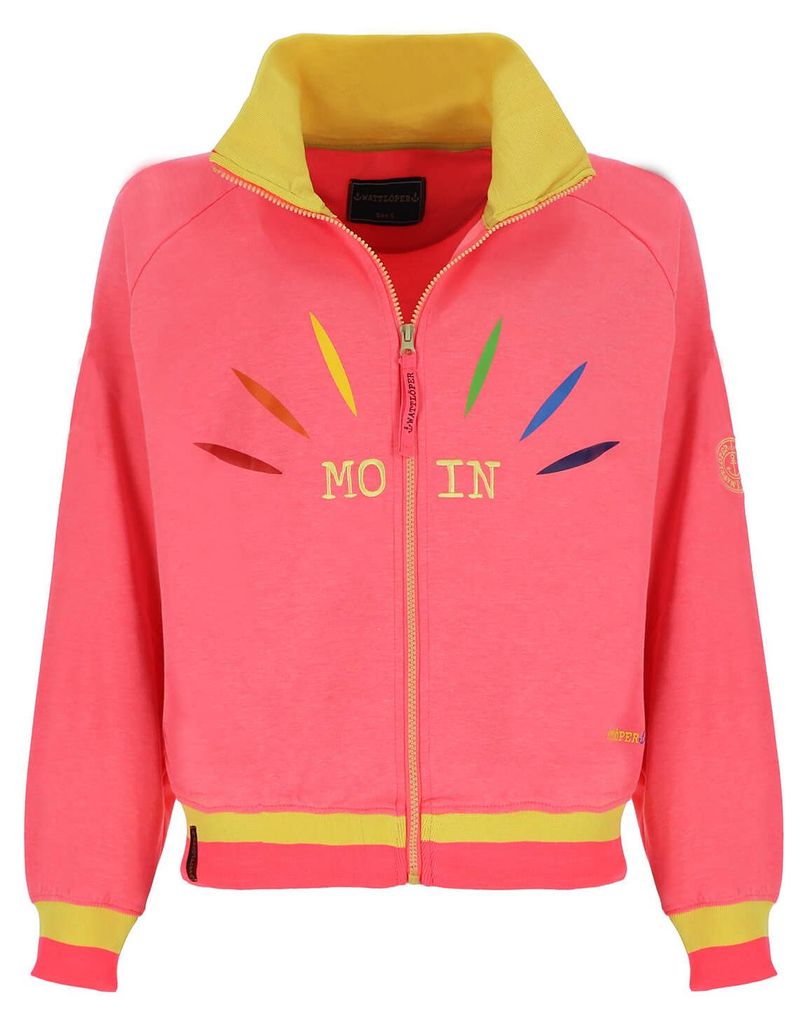 Wattlöper Damen Sweatjacke mit Schriftzug X-Stick "Anker-O-S-W" und Wattlöper - Jacke mit Stehkragen in Pink Größe XL