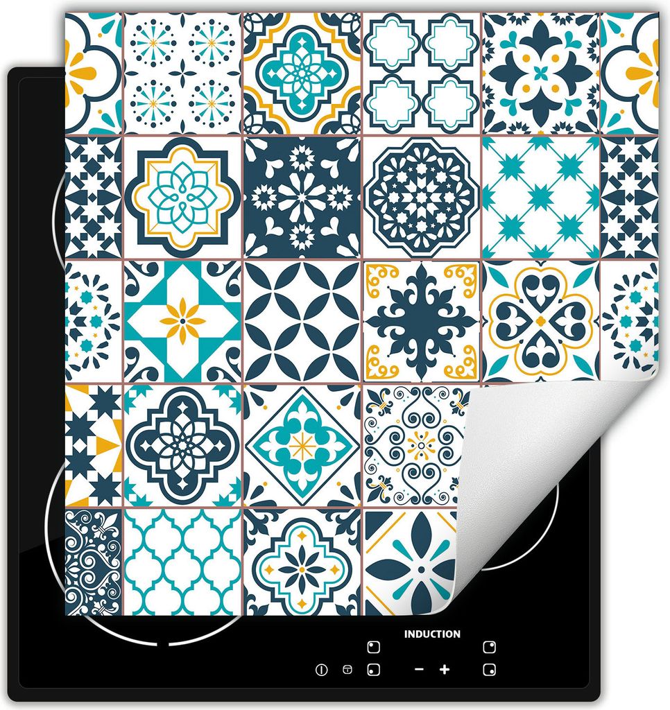 DarHaus Herdabdeckplatte 50x52 cm Anti Rutsch Matte Aufrollbar, Mosaik - blau