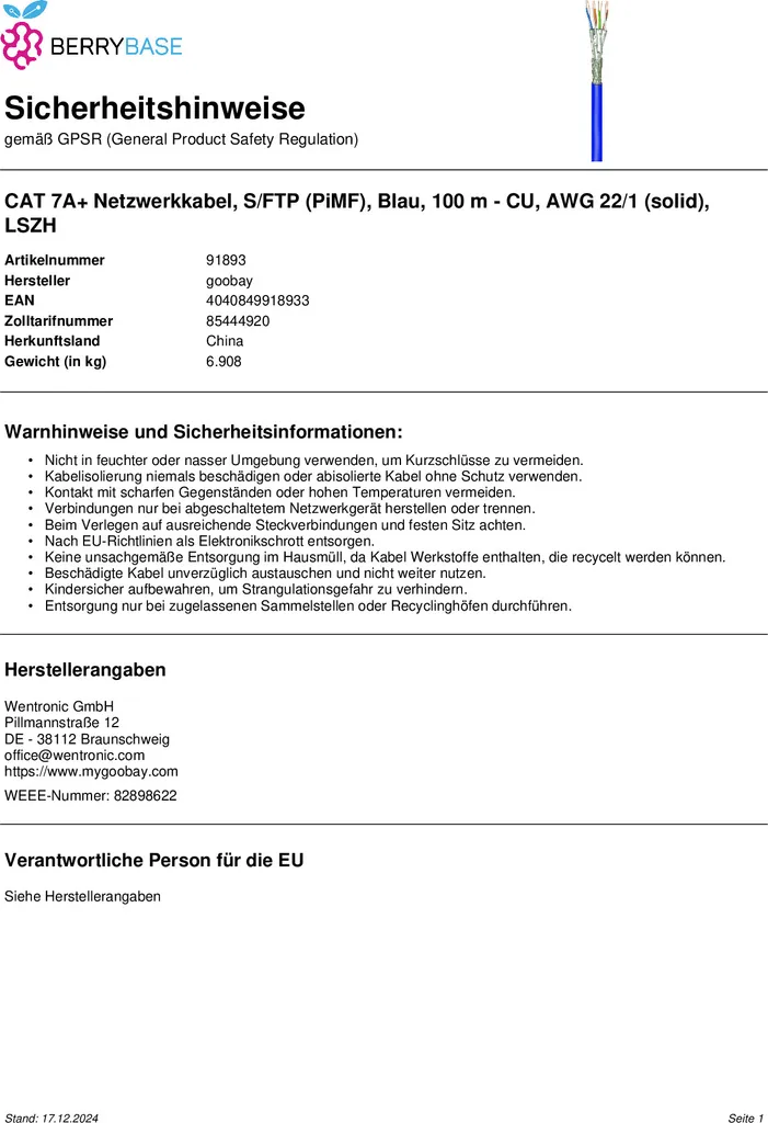 Goobay 91893 Cavo di rete CAT 7A+, S/FTP (PiMF), blu, 100 m - CU, AWG 22/1 (solido), LSZH - 5