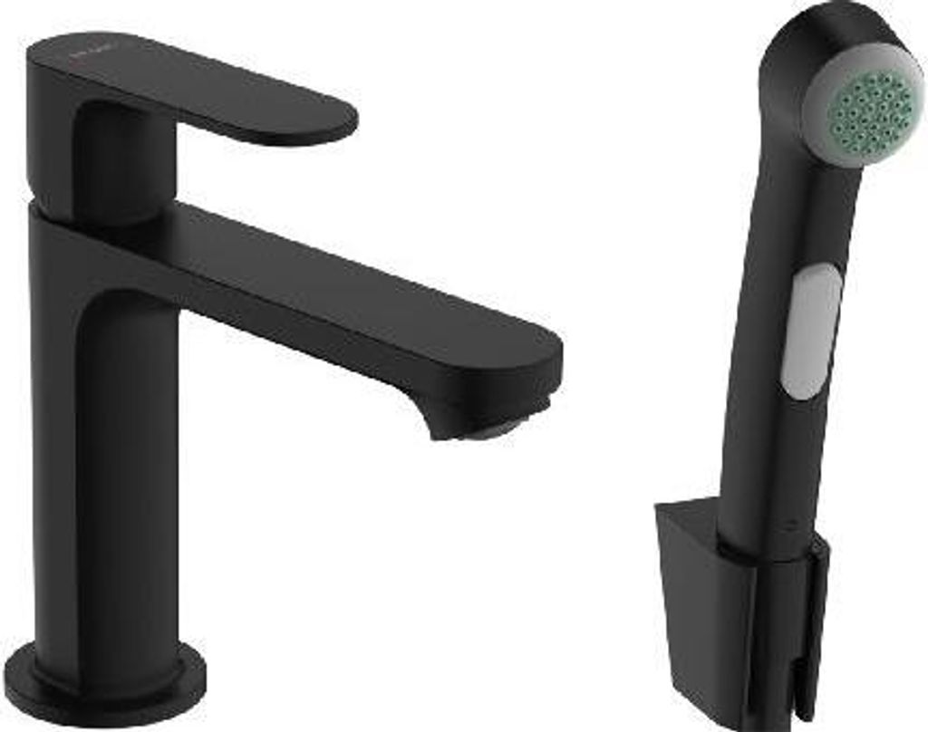 A black faucet and a black bidet sprayer are shown against a white background.