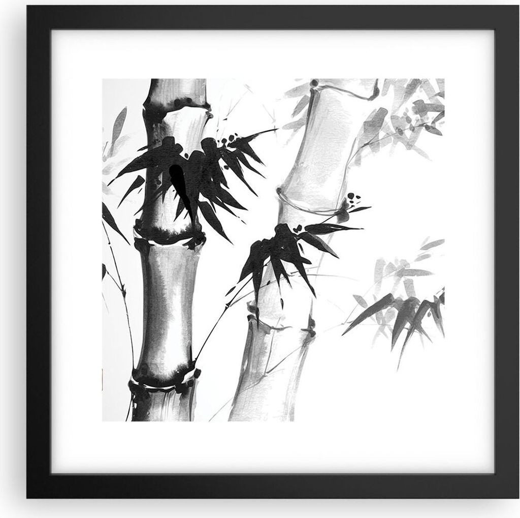 Gerahmtes Poster - Schwarzer Rahmen - Asiatisch Aquarell Bambus - 30x30 cm - Wand Bild - Wanddeko - Wandbilder - Kunstposter - Wandposter - Bilderr...