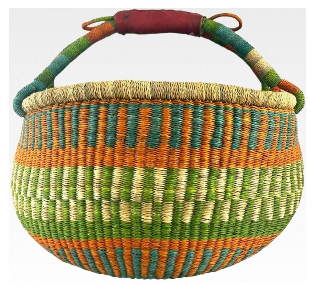 Bolga Korb Afrika - XXL - Original aus Ghana - Bunt - Fair Trade - Rund - Viele Farben - Afrikanischer Graskorb mit Ledergriff - Flechtkorb 30-40 c...