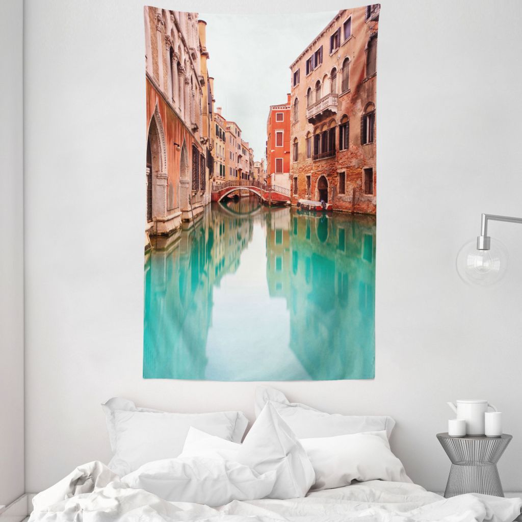 ABAKUHAUS Venedig Wandteppich und Tagesdecke, Wasser-Kanal-Brücke Boot aus Weiches Mikrofaser Stoff Waschbar ohne Verblassen Digitaldruck, 140 x 2...