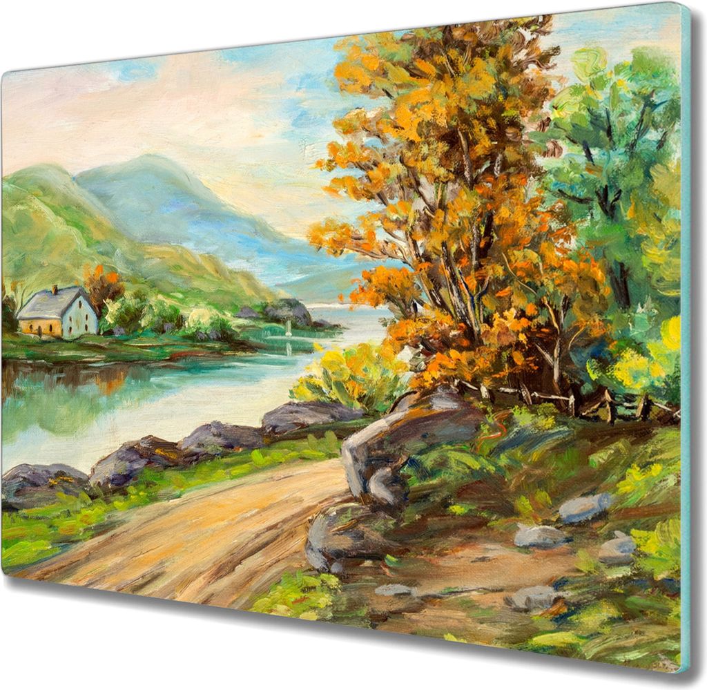 Coloray Hackbrett Küchenbrett Kochplattenabdeckung Schneidebrett Herdabdeckplatte 60x52 cm - Das Dorf Baum Fluss