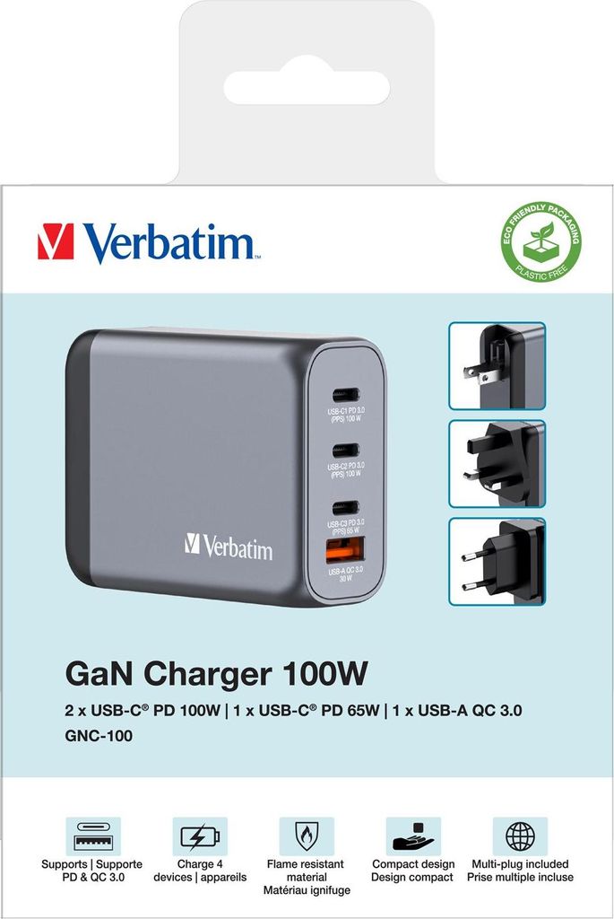 Verbatim GNC-100 GaN Charger 4 Port 100W USB A/C (EU/UK/US) Image du produit 