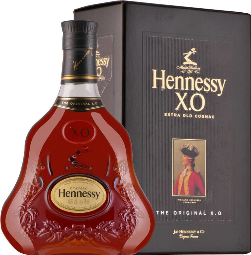 A bottle of Hennessy X.O. Cognac and its gift box are displayed against a white background.