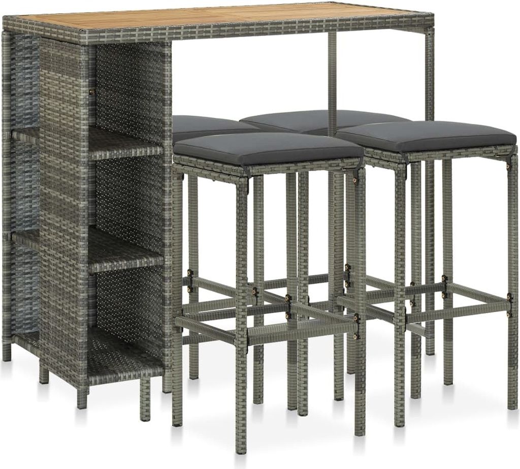 5-tlg. Gartenbar-Set mit Kissen Poly Rattan Grau Produktbild 