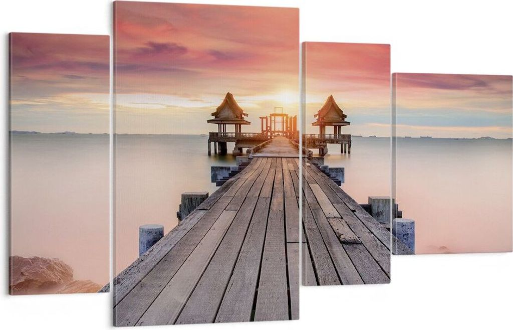 Bild auf Leinwand - Leinwandbild - 4 Teile - Brücke Holz Spaziergang - 120x70cm - Wand Bild - Wanddeko - Wandbilder - Leinwanddruck - Bilder - Wan...