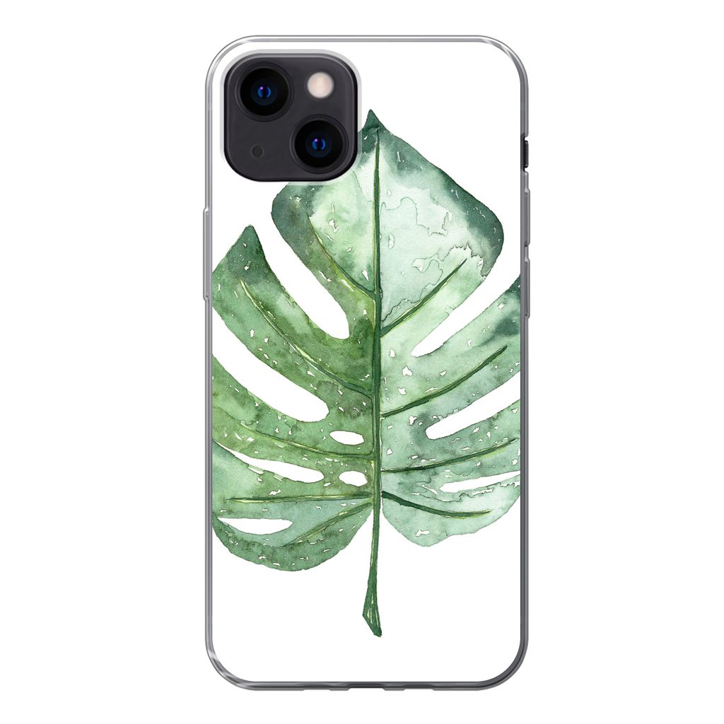 MuchoWow Handyhülle Schutzhülle Hülle für iPhone 13 mini Aquarell - Monstera - Blatt Silikon Softcase Handy Hülle - Softcase