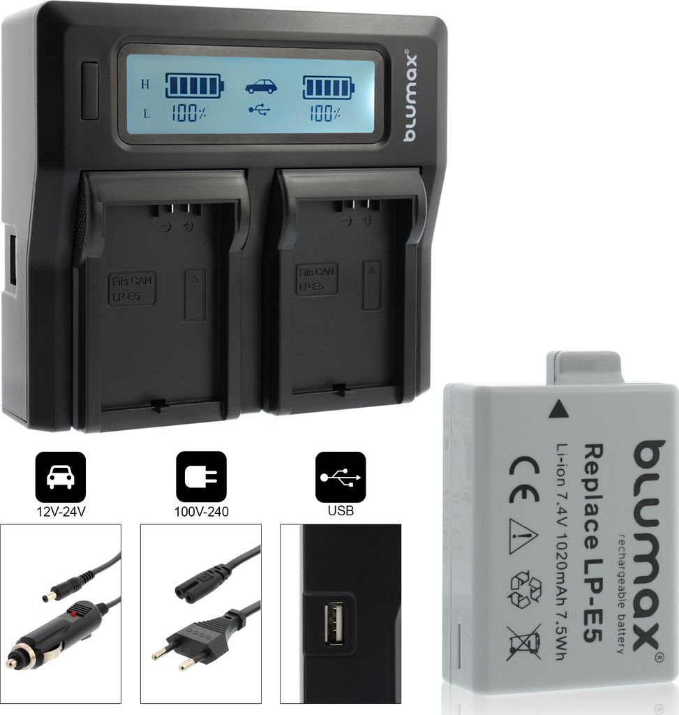 1x Akku + Lader für Canon EOS 450D, EOS 500D, EOS 1000D LP-E5 1020 mAh