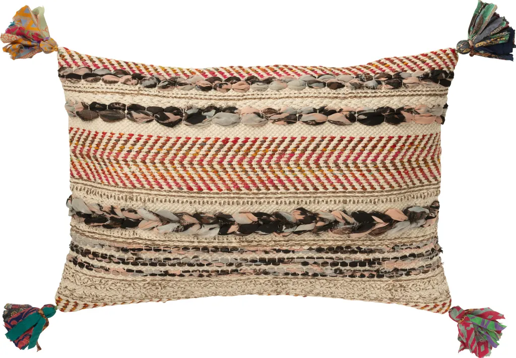 Coussin Rectangulaire Tressé Chindi avec Guirlande Coton Crème et Brun