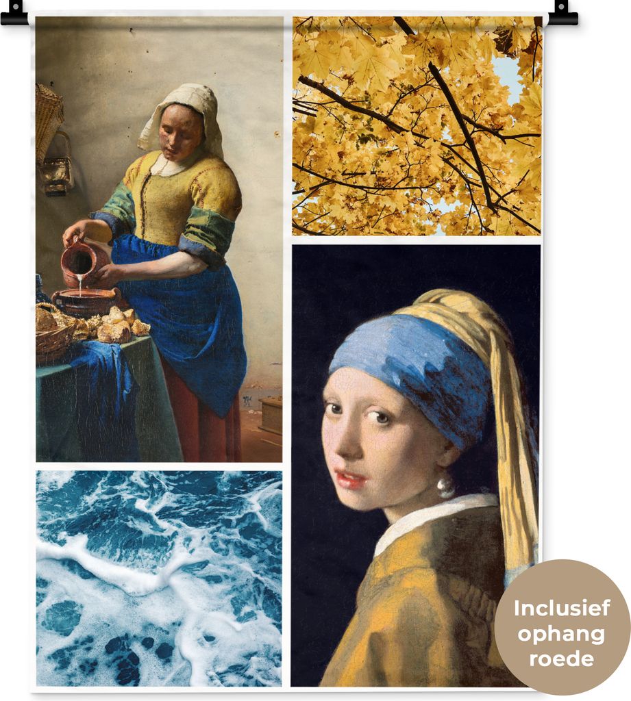 MuchoWow Wandteppich Wandbehang Collage - Vermeer - Milchmädchen - Mädchen mit Perlenohrring 60x80 cm Tapisserie Dekoration Wandtuch - Decke - ...