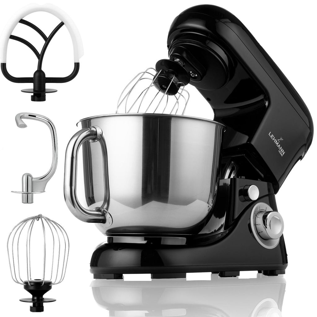 Lehmann Küchenmaschine 1300W mit 5L Edelstahl-Rührschüssel, inkl. Rührhaken, Knethaken, Schneebesen, Spritzschutz, 6 Geschwindigkeiten, Schwarz