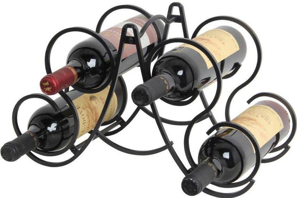 A black metal wine rack holding four bottles of red wine.