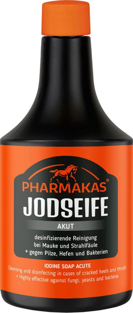 A bottle of Pharmakas Jodseife Akut, a cleaning and disinfecting product.