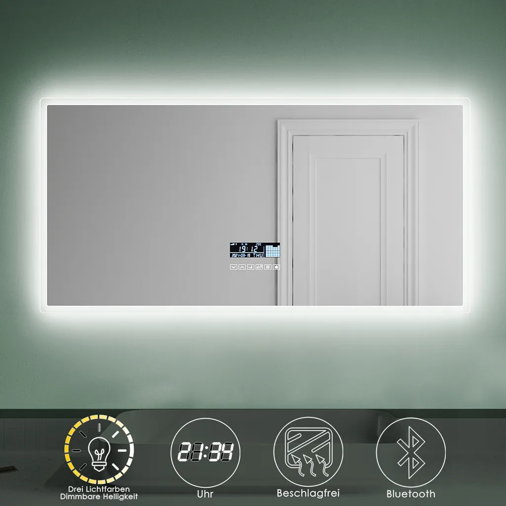 Miroir salle de bain LED 60x120cm avec horloge et Bluetooth - Modèle LUX-80