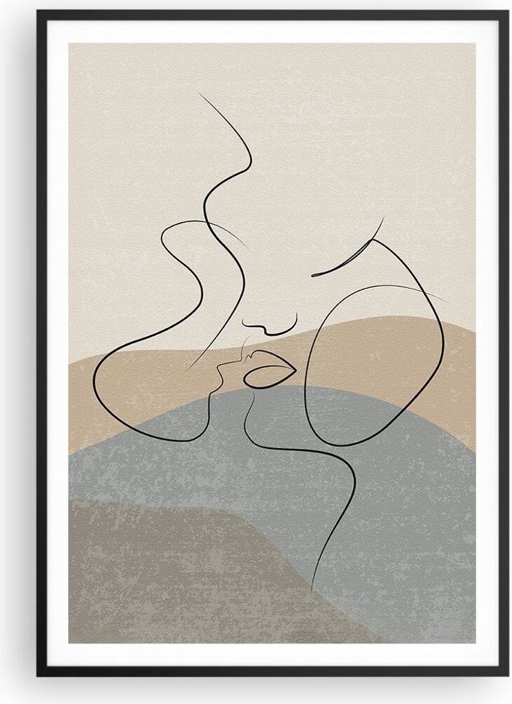 Gerahmtes Poster - Schwarzer Rahmen - Kuss Skizze Paar - 70x100 cm - Wand Bild - Wanddeko - Wandbilder - Kunstposter - Wandposter - Bilderrahmen - ...