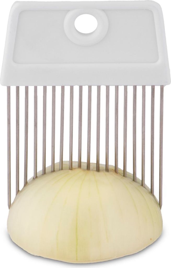 A close-up shot of an onion being sliced by a kitchen tool.