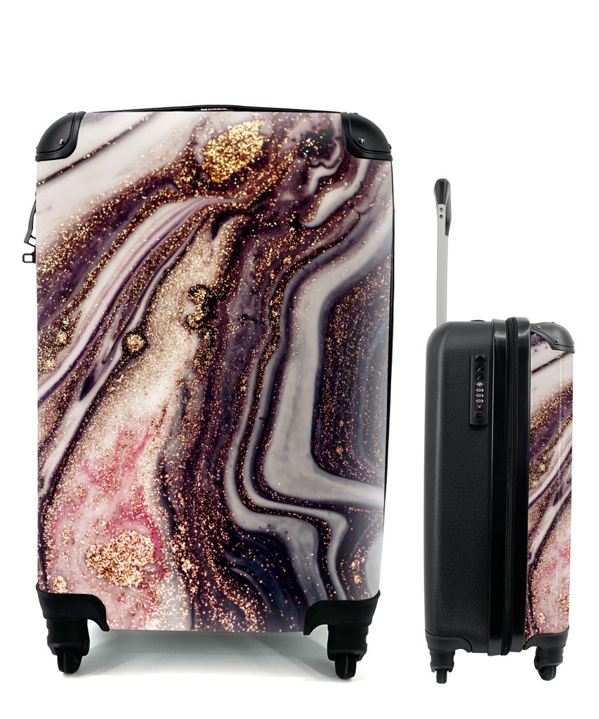 MuchoWow Koffer Handgepäck Trolley Rollkoffer Kleine Reisekoffer mit 4 Rollen - Marmor - Rosa - Gold - Glitzer - Marmoroptik - Cabin Size < 55x4...