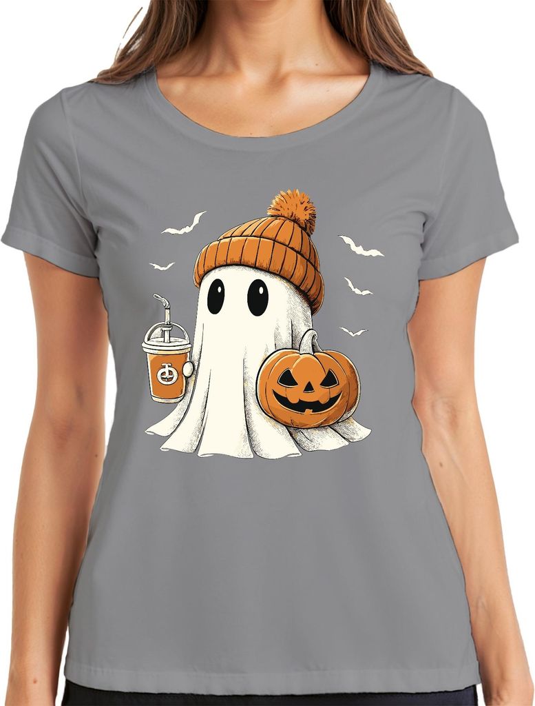 Geist Kürbis Halloween niedlich Beanie Kaffee Herbst süß gruselig Damen T-Shirt, Grau, S