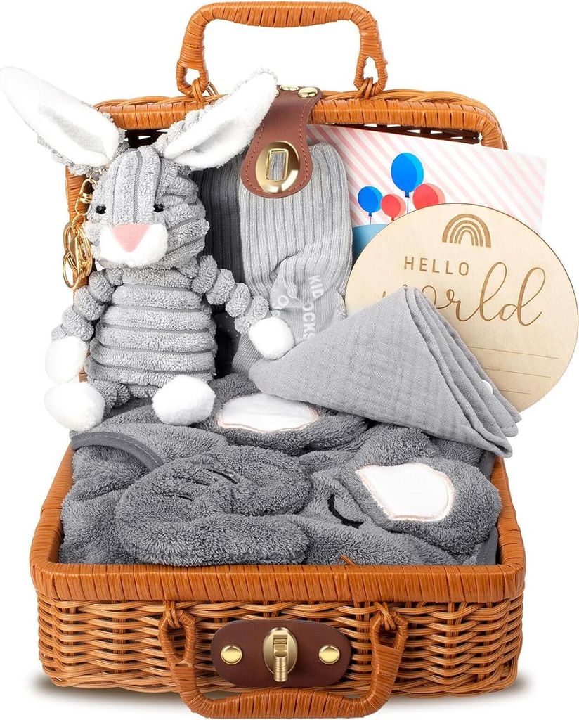 Neugeborenen Geschenkkorb, Baby Geschenke zur Geburt, 7 in 1 Baby Geschenkset Geburt mit Babydecken, Baby Dreieckstuch, Plüschtiere, Grußkarten, ...