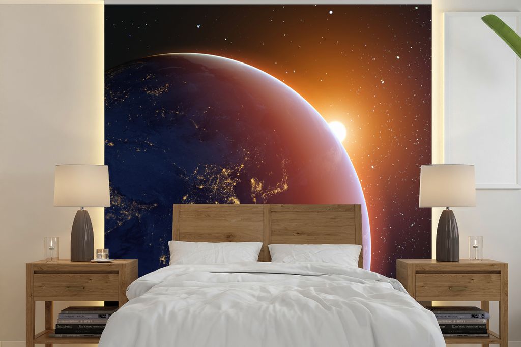 MuchoWow Fototapete für Wohnzimmer oder Schlafzimmer Wandtapete Vinyl Motivtapete Sonnenaufgang über der Erde - 280x280 cm - Hintergrundbild