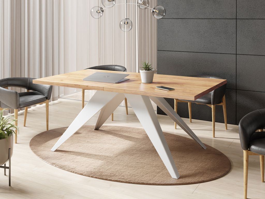 Esstisch Venus im Modern Still, Rechteckig Tisch - Ausziehbar von 140 cm bis 240 cm, Pulverbeschichtete Weiße Metallbeine - 140 x 80 cm - Craft Eiche