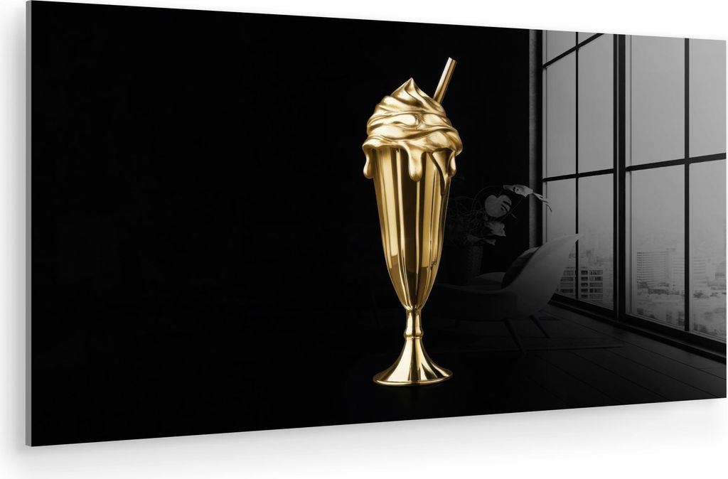 MuchoWow Glasbilder - Bilder auf Wandbild - Foto auf Glas Milchshake - Gold - Trinkend - Schwarz 120x60 cm Wanddekoration aus Glas - Acrylglasbild ...