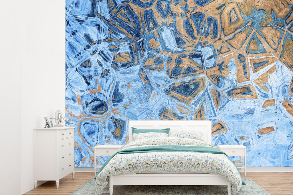 MuchoWow Fototapete für Wohnzimmer oder Schlafzimmer Wandtapete Vinyl Motivtapete Marmor - Farbe - Gold - Blau - 360x260 cm - Wohnzimmer tapete
